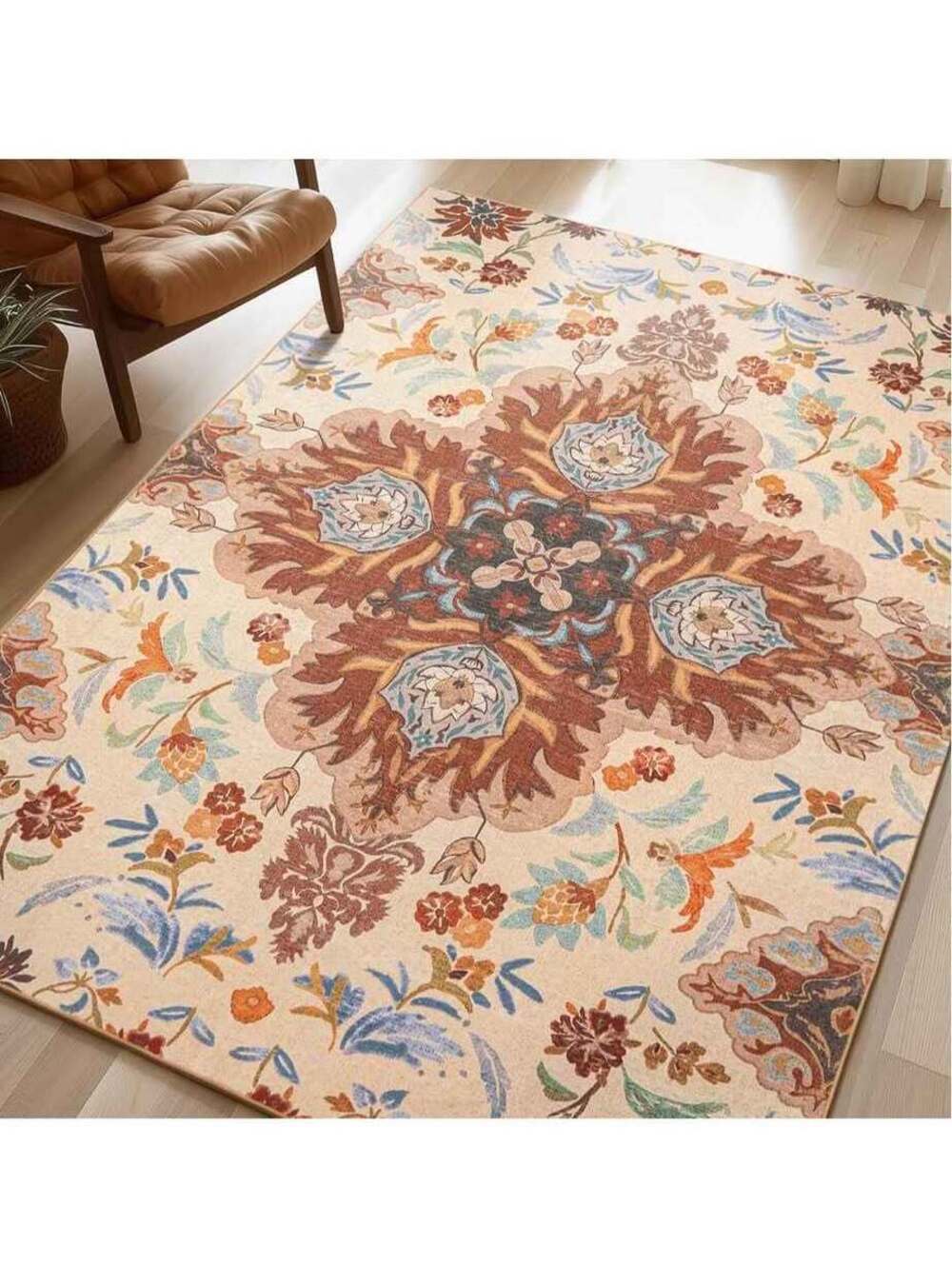 Rug 9'x12' NonSlip Vintage Boho Rug Room, Bedroom Dining Room RUST Orange Floral